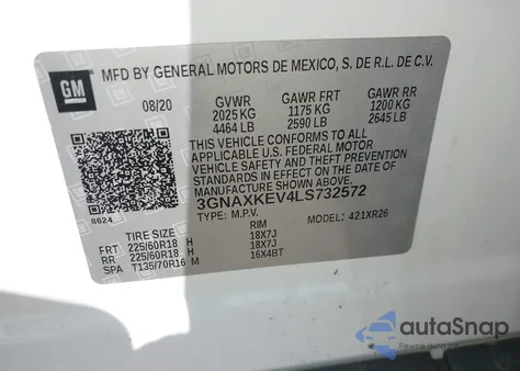 2020 Chevrolet Equinox Fwd Lt 1.5L Turbo from USA, damaged, VIN 3GNAXKEV4LS732572